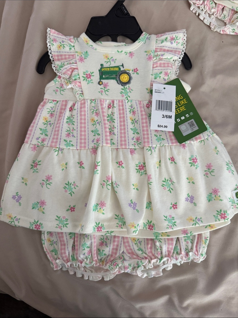 John Deere Infant Pink Floral Dress & Bloomers - Pink/White